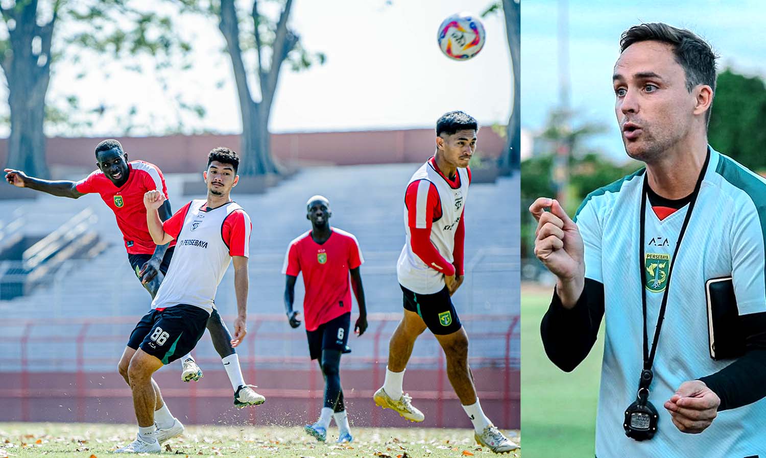 Pelatih Paul Munster saat mengawsi anak asuhnya yang sedang latihan menghadapi Barito putera di STadion Gelira Bung Tomo Surabaya,