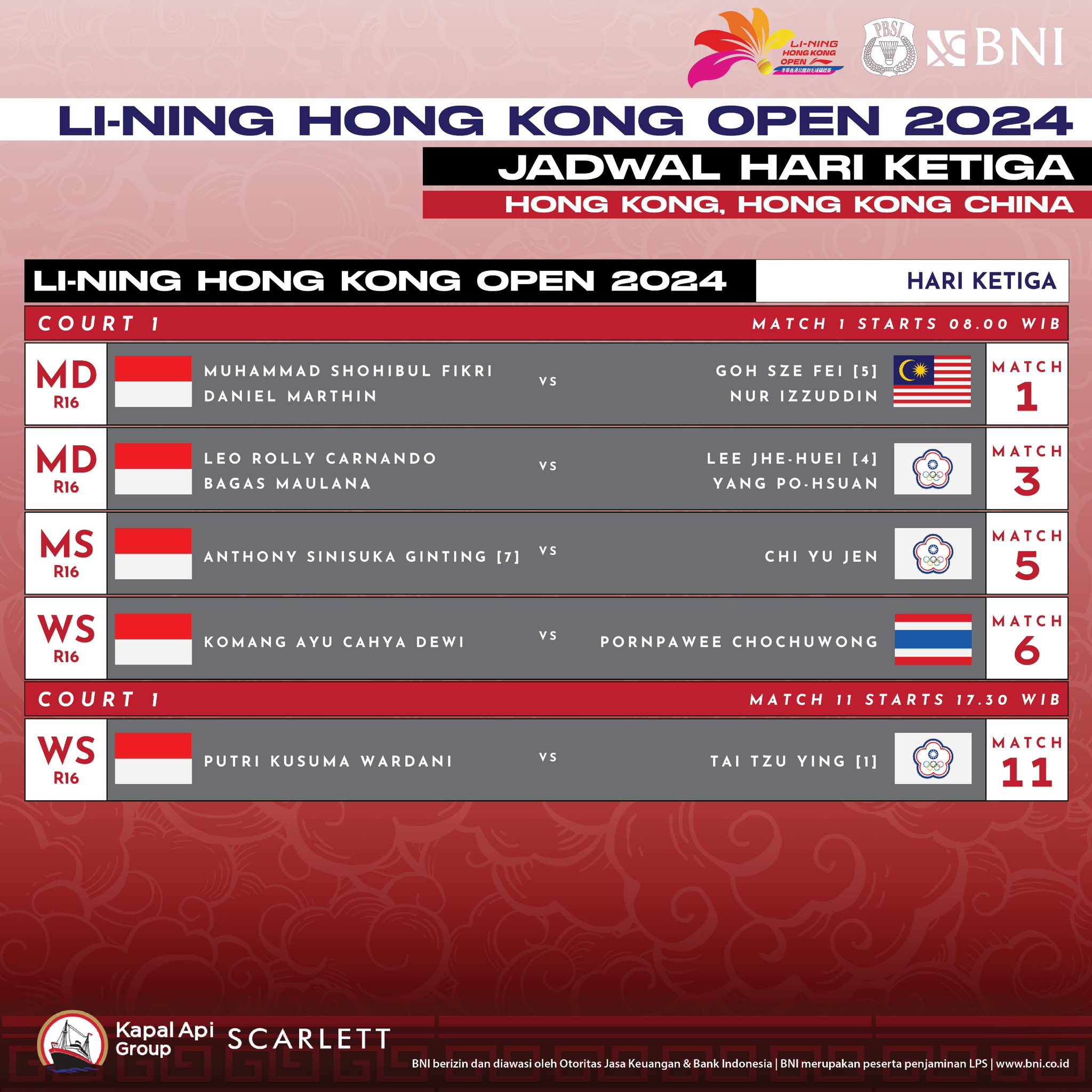 Jadwal Badminton Hong Kong Open 2024, Ada 9 Wakil Indonesia Berlaga di Babak 16 Besar Hari Ini