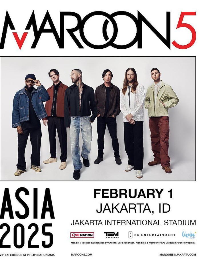 KITAINDONESIASATU - Band Maroon 5 akan menggelar konser di Jakarta pada 1 Februari 2025 di Jakarta International Stadium (JIS), bagian dari tur Asia mereka. 