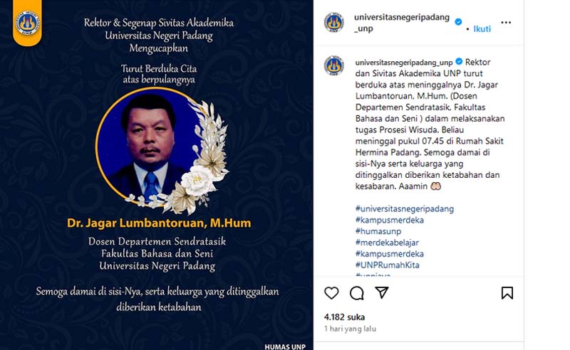 Dosen UNP Meninggal Berdiri Jatuh Saat Acara Wisuda