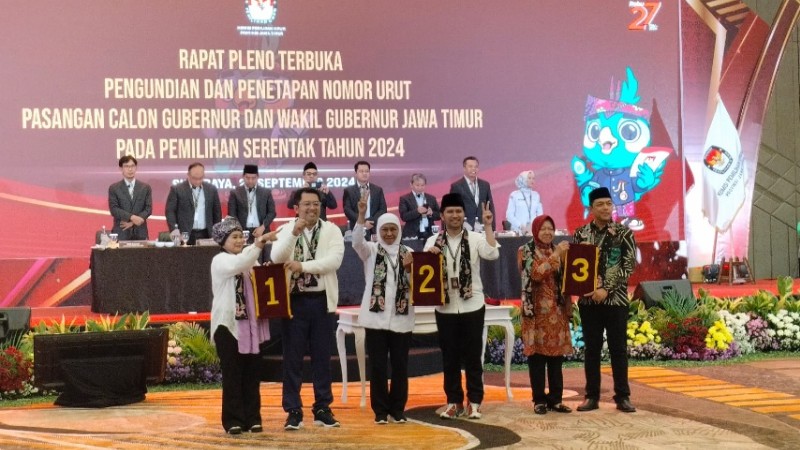 KPU Jatim menggelar rapat pleno penetapan nomor urut paslon pilkada 2024. (Ist)