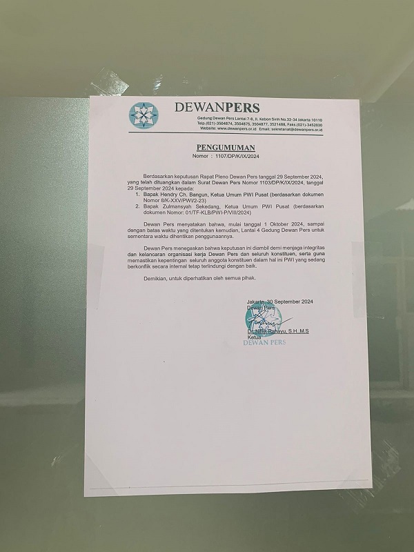 Surat dari Dewan Pers kepada PWI Pusat yang melarang penggunaan kantor PWI Pusat. (Ist)
