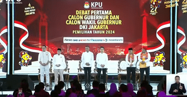 Tiga paslon gubernur/wakil gubernur DKI Jakarta saat debat pertama di JIExpo. (Ist)