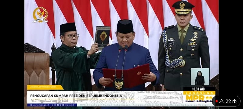Prabowo Subianto mengucapkan sumpah Presiden di hadapan anggota MPR dan undangan negara sahabat di Gedung DPR/MPR. (Ist)