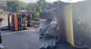 Truk Angkut Beton Eser Terguling di Tanjakkan Tajam Magetan