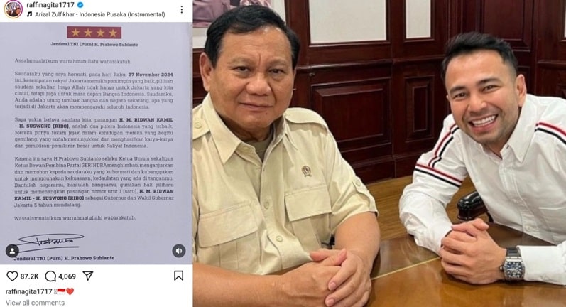 Raffi Ahmad mendapat sorotan tajam dari warganet di media sosial X usai mengunggah surat dukungan dari Prabowo Subianto / Berbagai Sumber