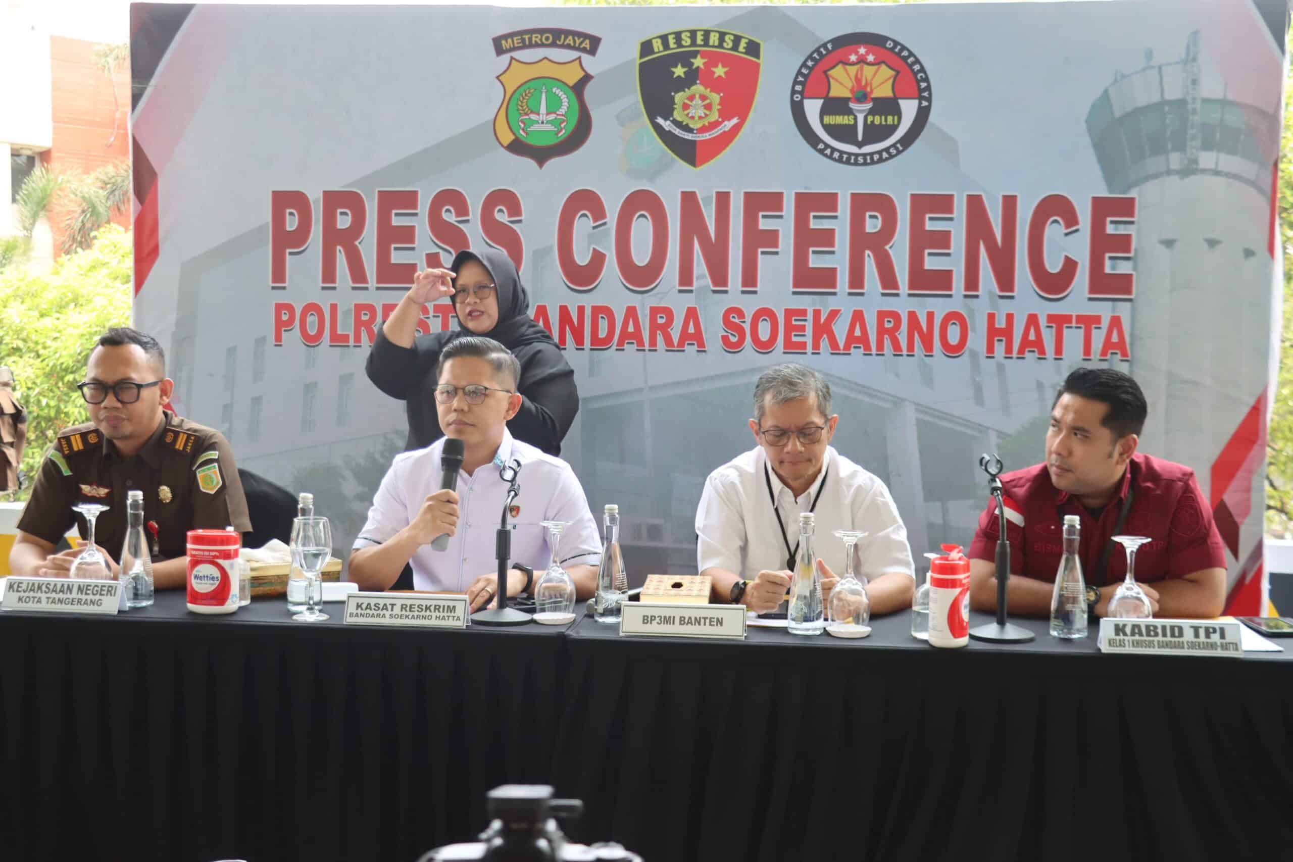 Polres Bandara Soekarno Hatta (Soetta) gelar kasus pengungkapan kasus TPPO. (Aris)