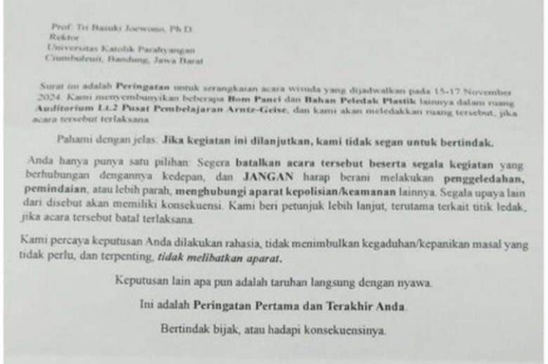 Unpar Bandung Mendapat Ancaman Bom Menjelang Wisuda, Ini Kata Polisi