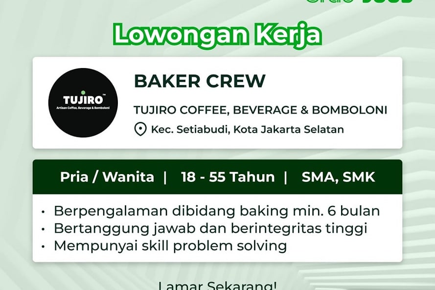 Tujiro Coffee Buka Loker SMA dan SMK Jadi Baker di Jakarta Selatan, Gaji 2,5 Juta!