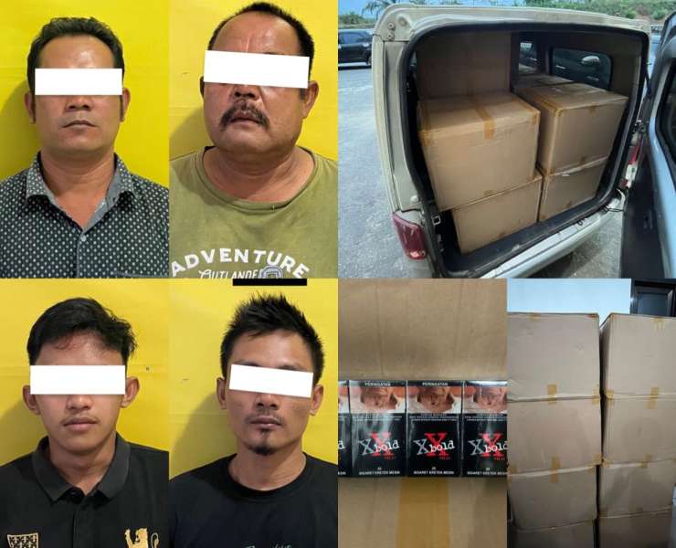 Para pelaku penyebaran rokok dengan menggunakan pita cukai palsu merek X-Bold.(Ist)