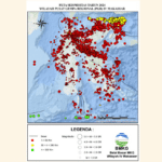 Grafis peta seismisitas tahun 2024 di Pulau Sulawesi, dengan didominasi oleh gempabumi dangkal pada kedalaman kurang dari 60 km. (Ist)