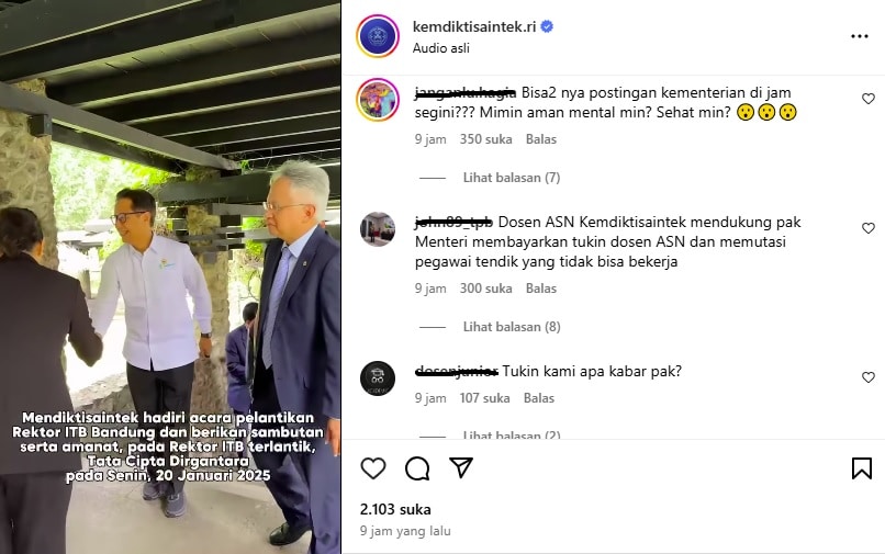 Tampak akun Instagram Kemdikti diserbu warganet tuntut tukin dosen ASN. (Instagram/kemendiktisaintek.ri)