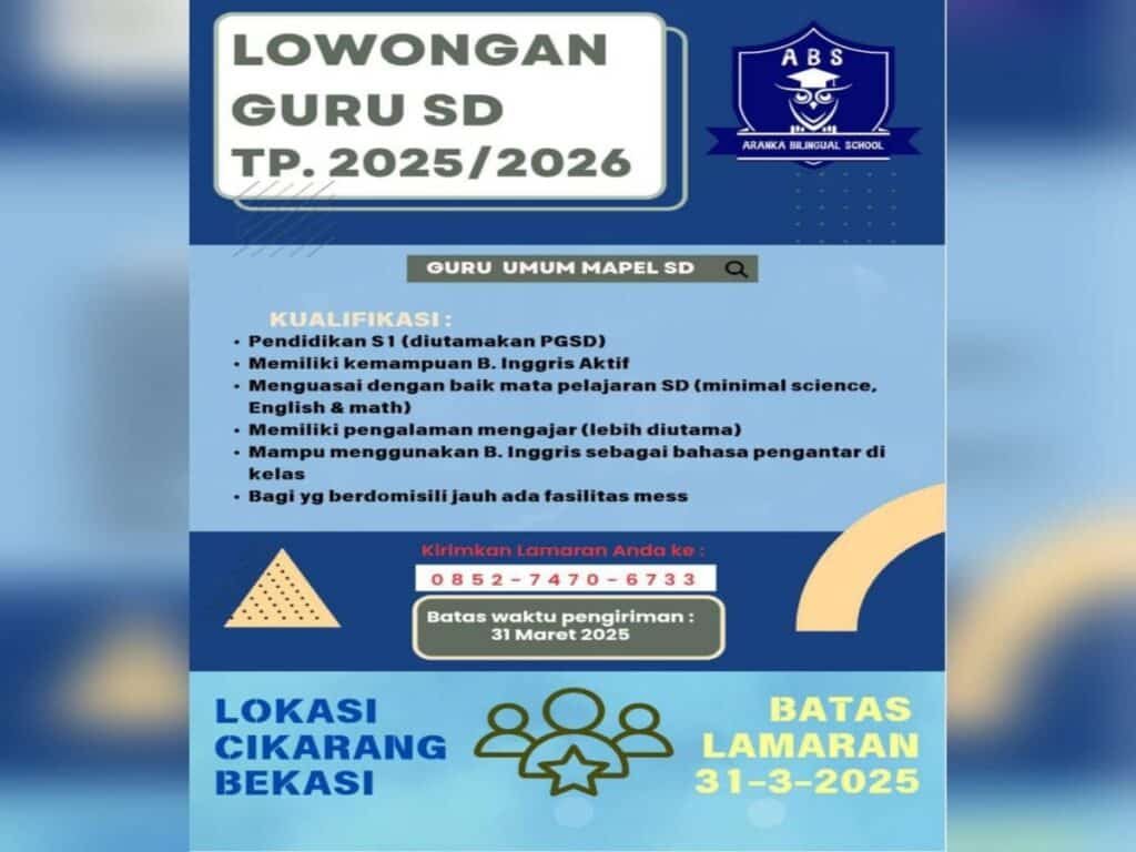 LOKER, Aranka Billingual School Buka Lowongan Pekerjaan untuk Guru Umum Mapel SD, Berminat?