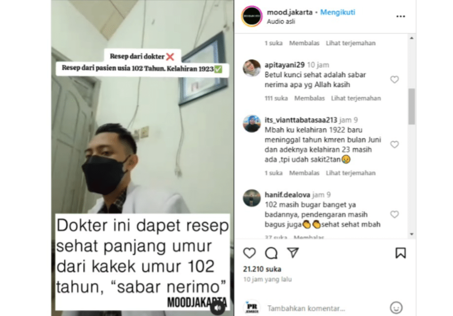 Video Dokter Dapat Resep Panjang Umur dari Pasien (Instagram/mood.jakarta)