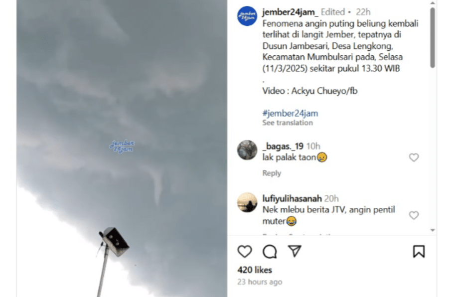 Video angin puting beliung di Jember (Instagram/@jember24jam_)