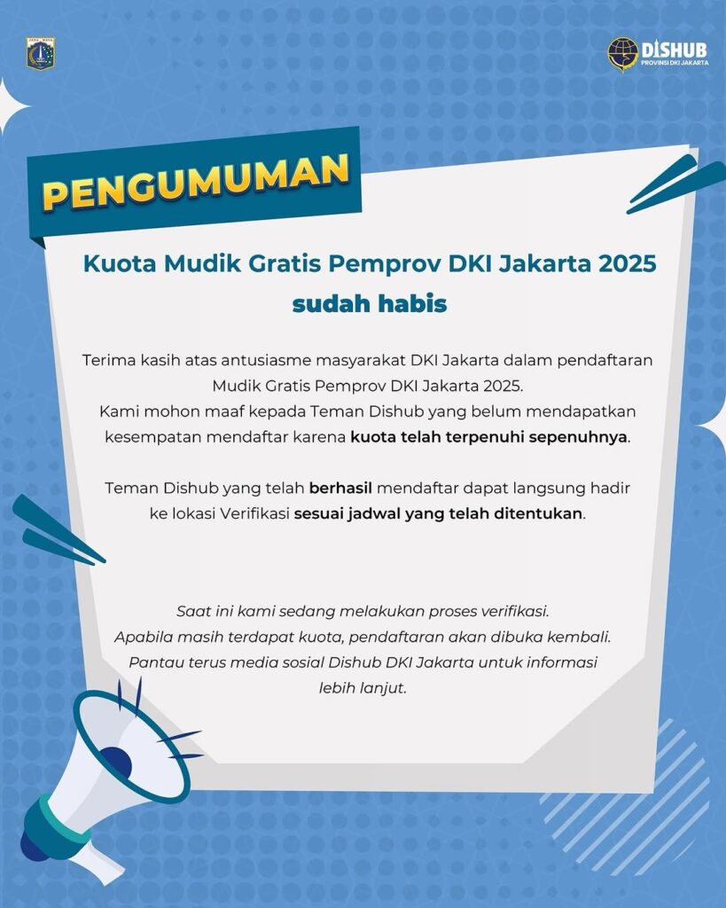 Kuota Mudik Gratis Pemprov DKI Jakarta 2025 Sudah Ludes!