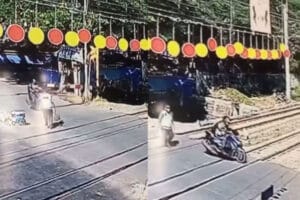 Hadeuh! Pemotor Nekat Terabas Pintu Perlintasan Stasiun Poris, Sempat Dihadang