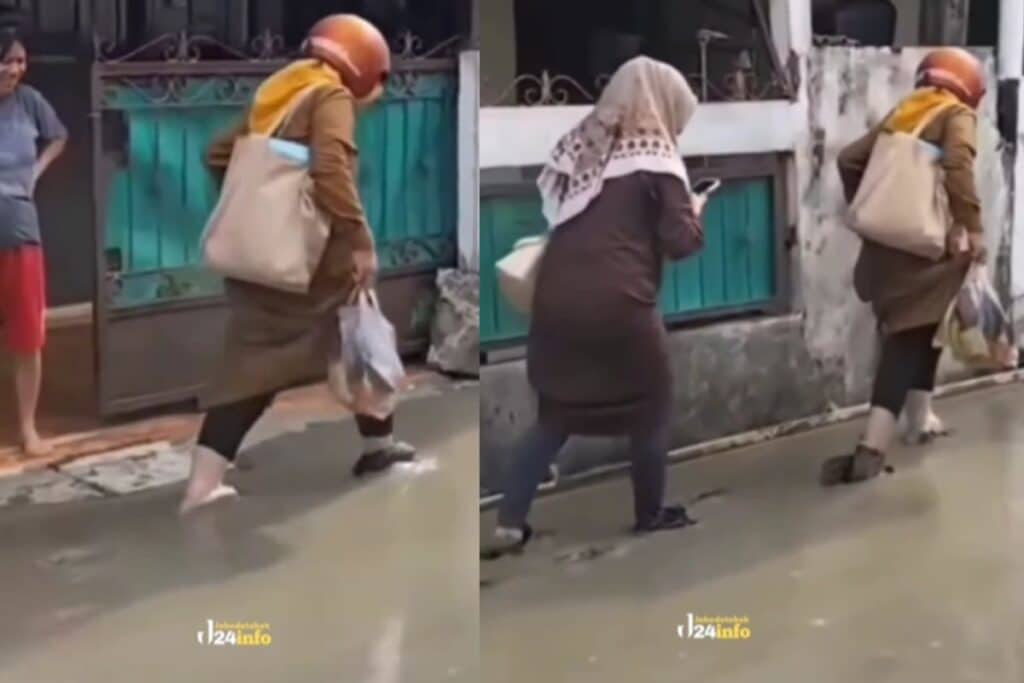 Viral Ibu-Ibu Lewat Jalan yang Baru Dicor, Padahal Masih Basah