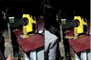 Mobil Terjun Bebas ke Atap Rumah Warga, Diduga Sulit Kendalikan