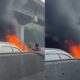 Sebuah minibus terbakar di ruas Tol Jakarta