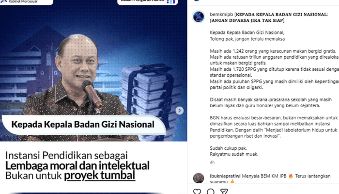Tolak Kampus Jadi Dapur MBG, BEM IPB Minta Kebijakan Tak Dipaksakan