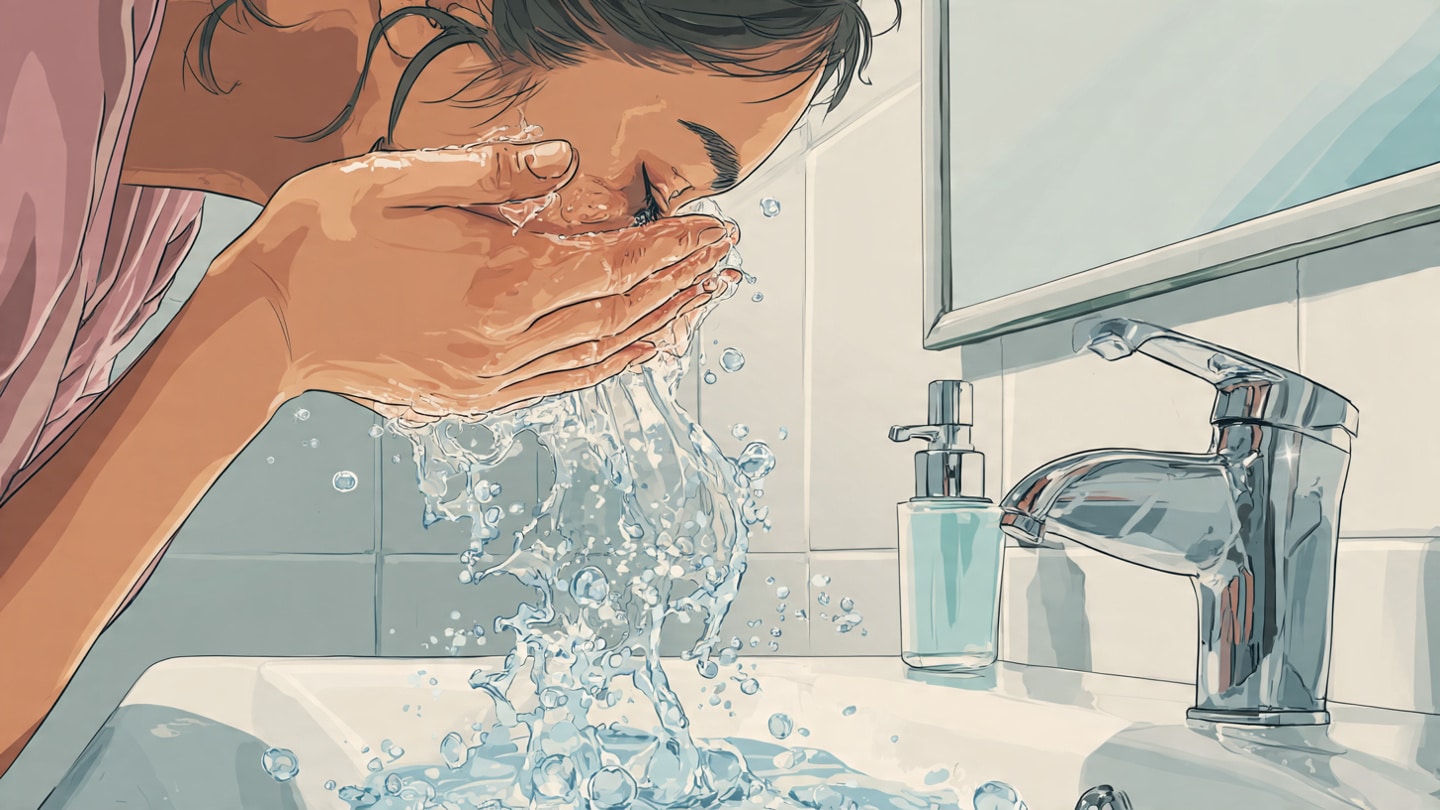 Ilustrasi Cuci Muka Pakai Es Batu di Pagi Hari (Meta AI)