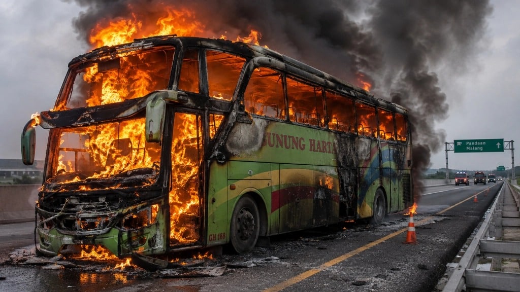 Bus PO Gunung Harta Terbakar di Tol